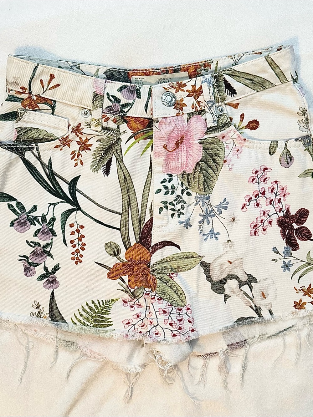 Topshop Moto Boho Floral Off White Cut Off Denim Mini Shorts Womens 4 Frayed Hem